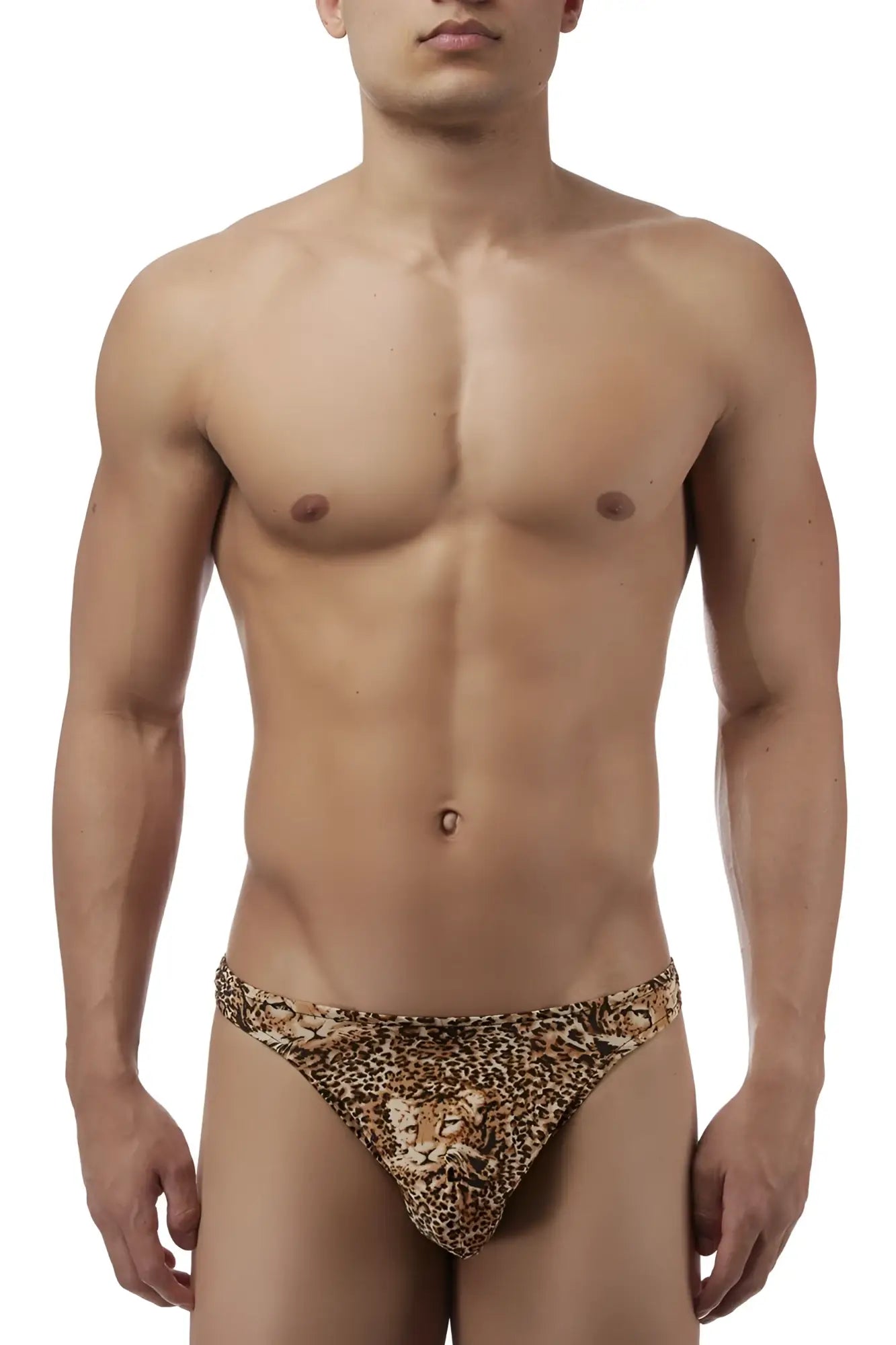 Male power 444030 animal wonder brown thong with leopard print and lion head design on front center