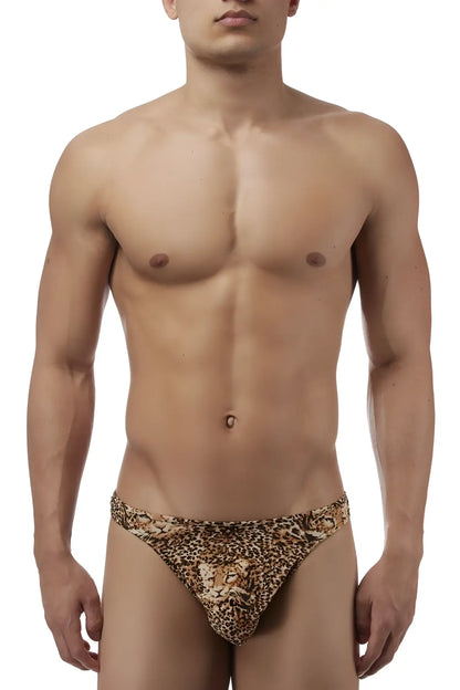 Male power 444030 animal wonder brown thong with leopard print and lion head design on front center