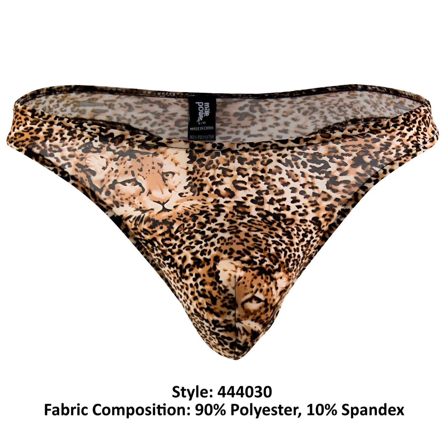 Male Power 444030 animal wonder thong in brown leopard print made of 90% polyester and 10% spandex