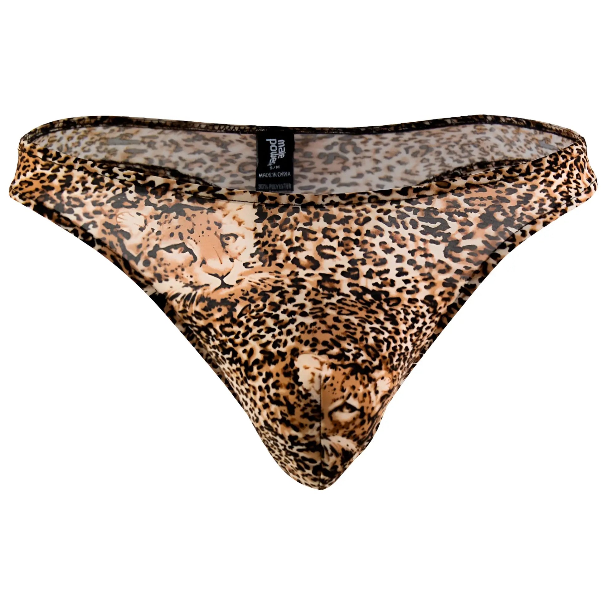 Male power 444030 animal wonder thong in brown sheer leopard print with detailed two leopard graphic design