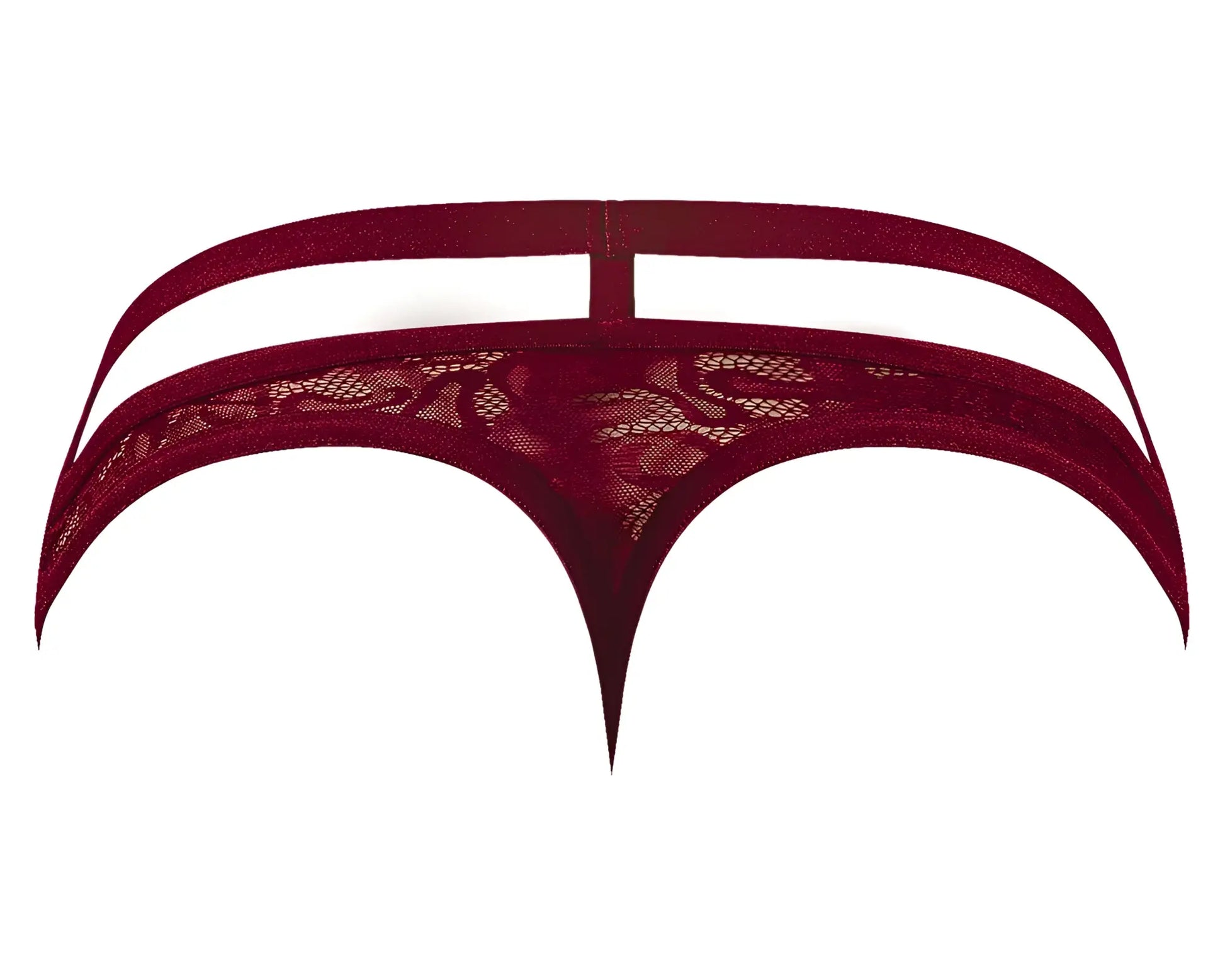 Male Power 446-289 lucifer burgundy deep red lace thong with floral pattern and curved supportive straps, back view