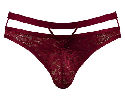 Male power 446-289 lucifer cut out strappy thong in burgundy lace with satin waistband and cutout design front view