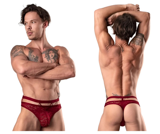 Male power 446-289 lucifer cut out strappy thong burgundy red lace with decorative pattern and thin elastic waistband