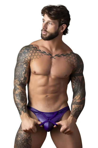 Purple satin briefs with a front tie closure male power 447-302 eggplant crossover thong in plum color