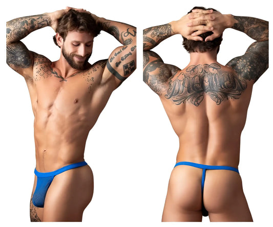 Blue mesh thong male power 449-11c fishnet 2 g-string in royal color showing front view
