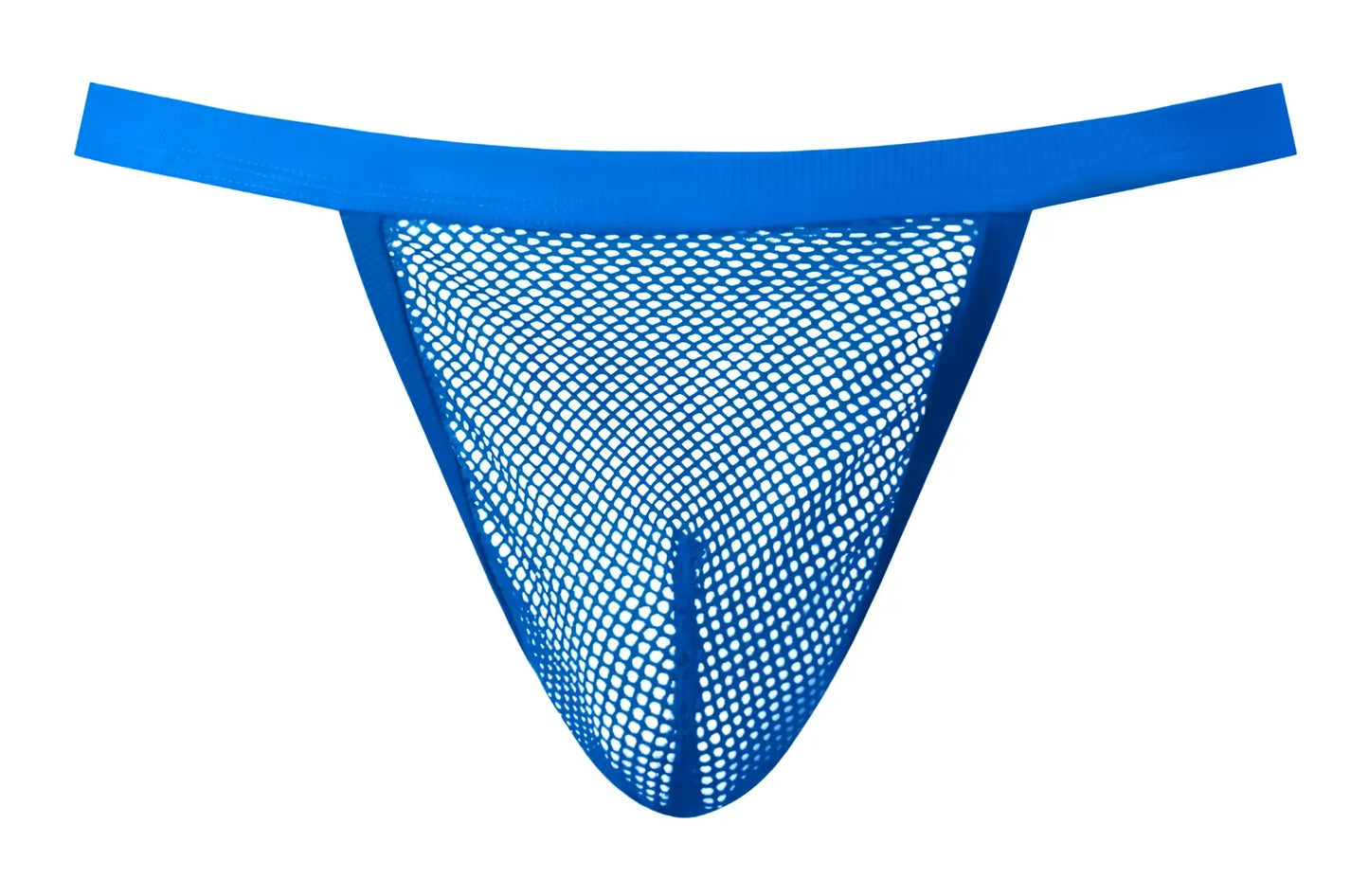 Bright blue mesh male power 449-11c fishnet g-string with solid elastic waistband in royal color front view