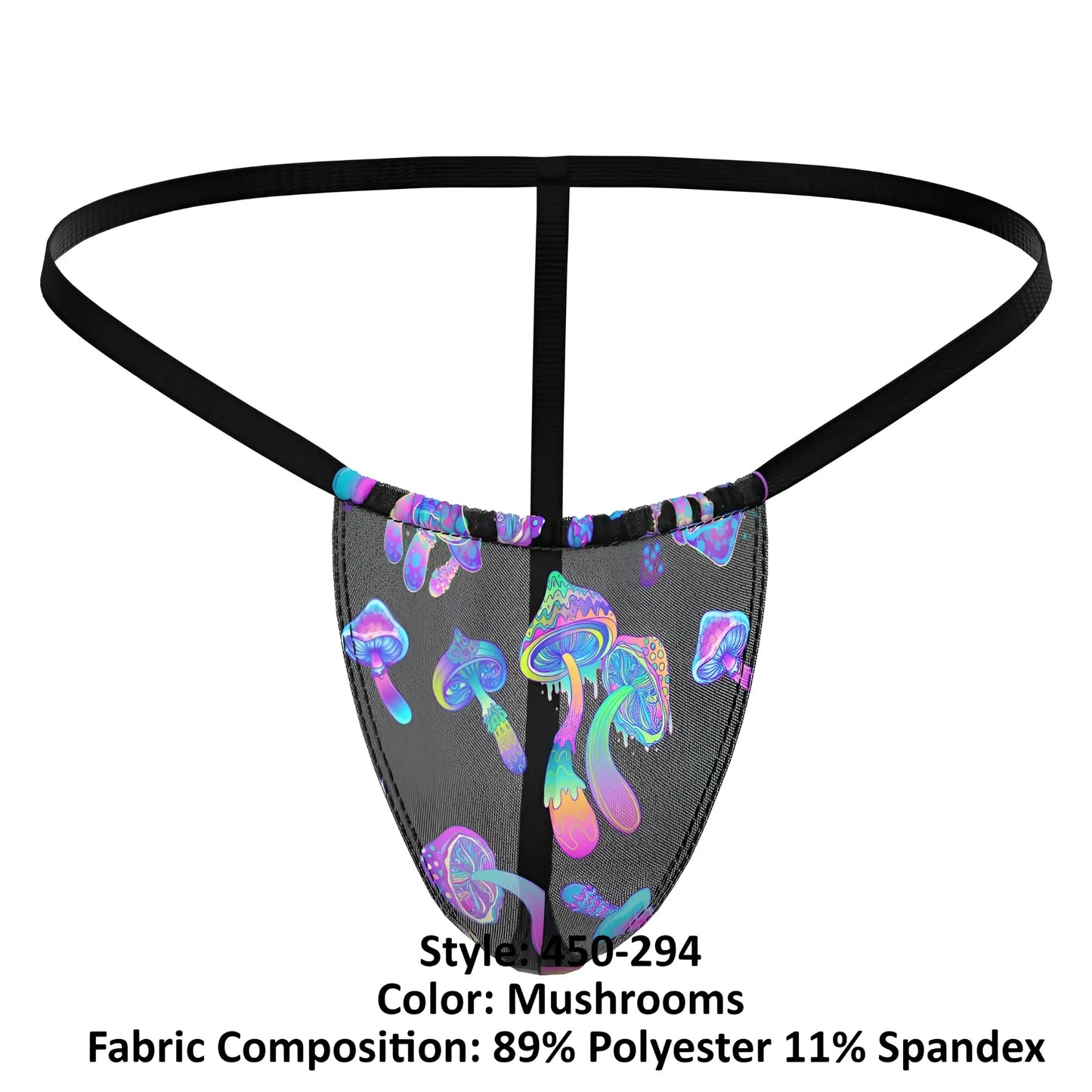 Black mesh thong posing strap by male power with vibrant iridescent purple blue and pink mushroom pattern