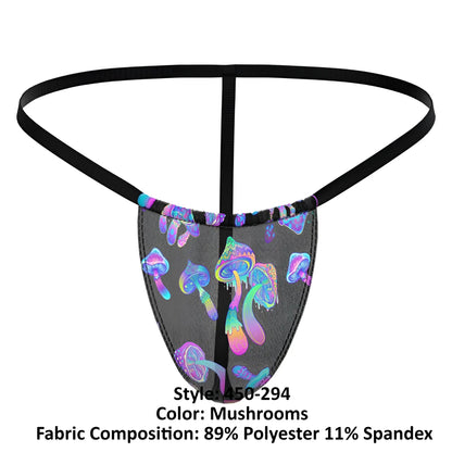 Black mesh thong posing strap by male power with vibrant iridescent purple blue and pink mushroom pattern