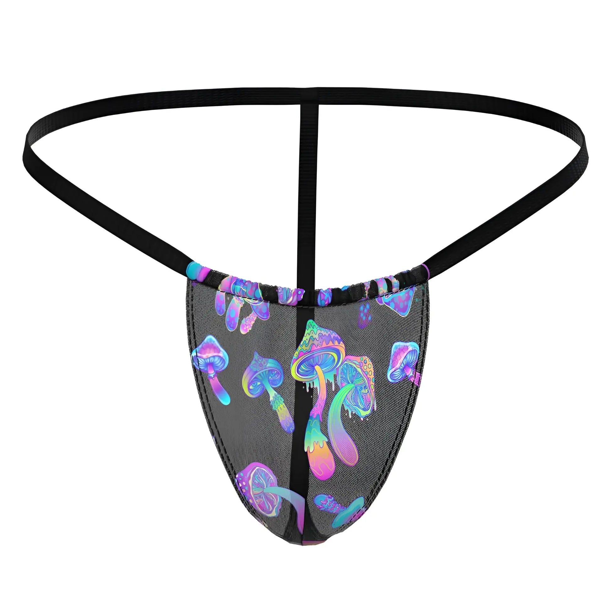 Black mesh thong posing strap with vibrant iridescent purple blue and pink mushroom pattern by male power