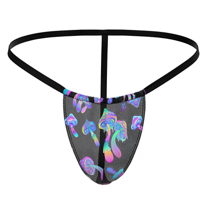 Black mesh thong posing strap with vibrant iridescent purple blue and pink mushroom pattern by male power