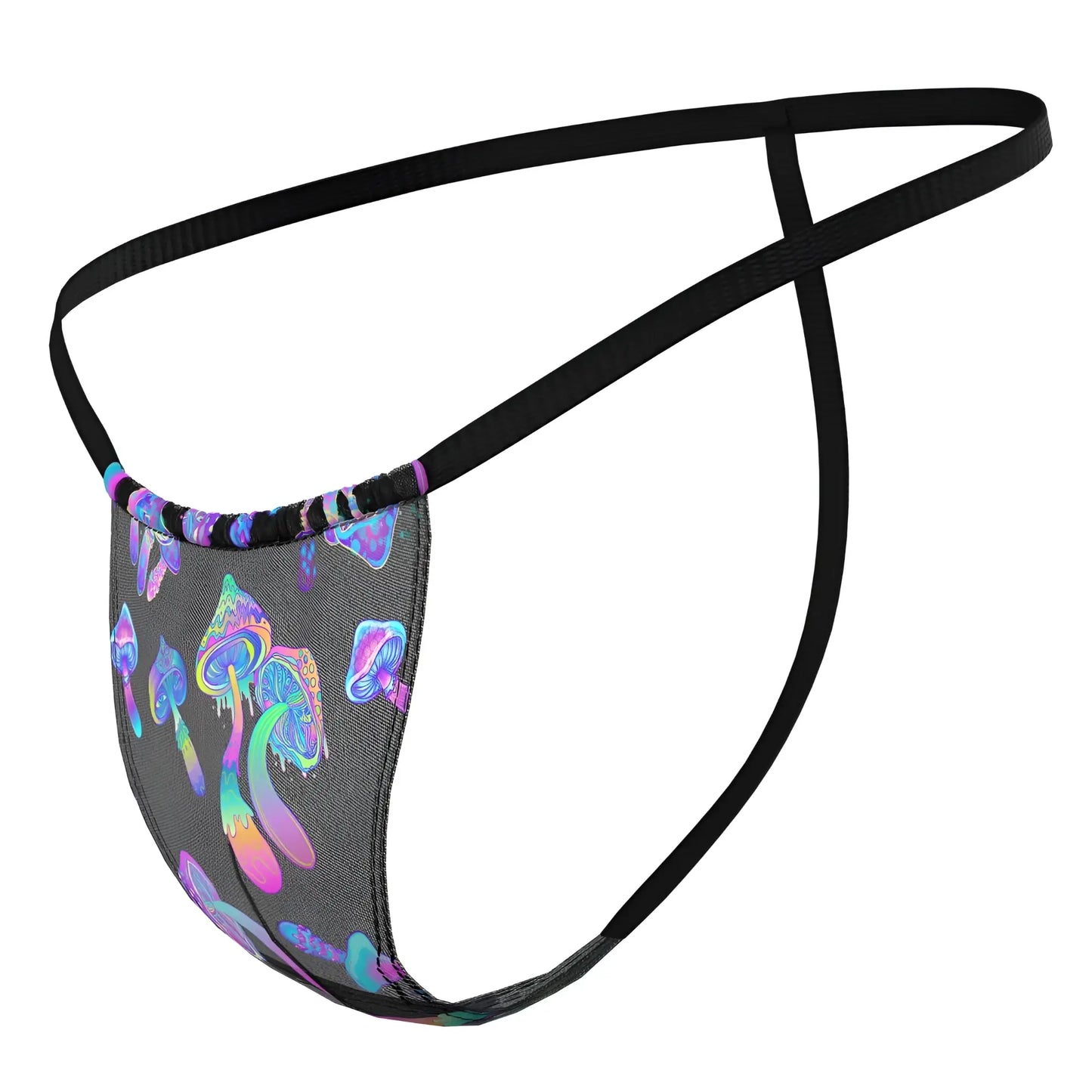 Male power 450-294 hazy dayz black mesh thong with vibrant iridescent purple blue and pink mushroom pattern