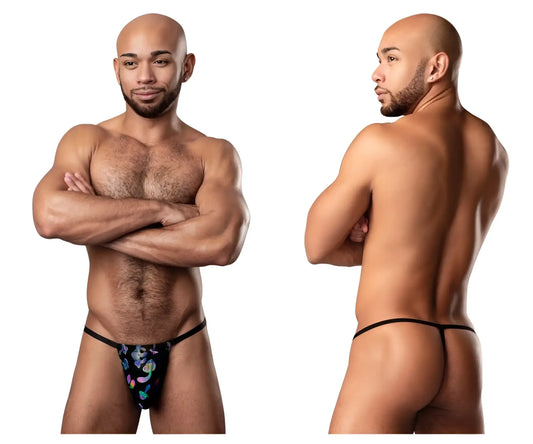 Black thong posing strap by male power with vibrant blue purple and green floral pattern color mushrooms