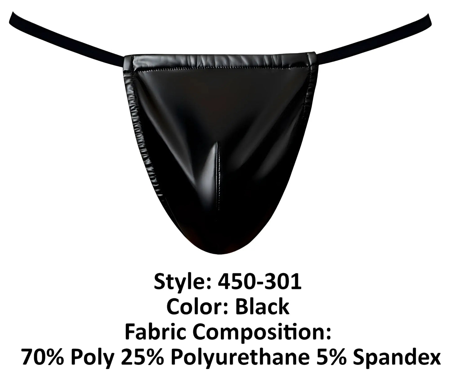 Black glossy faux leather thong g-string with thin elastic straps and central seam detail by male power