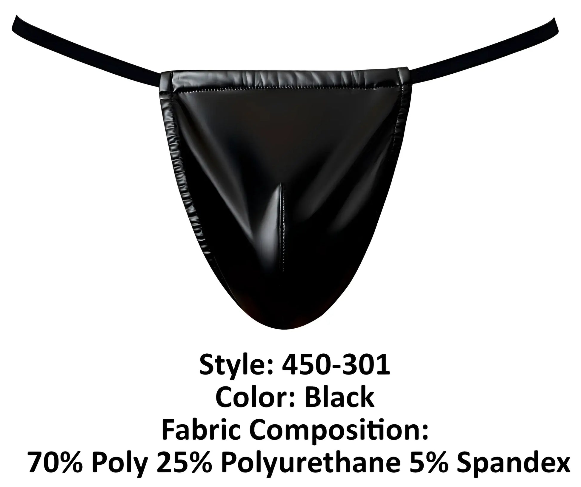 Black glossy faux leather thong g-string with thin elastic straps and central seam detail by male power