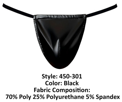 Black glossy faux leather thong g-string with thin elastic straps and central seam detail by male power