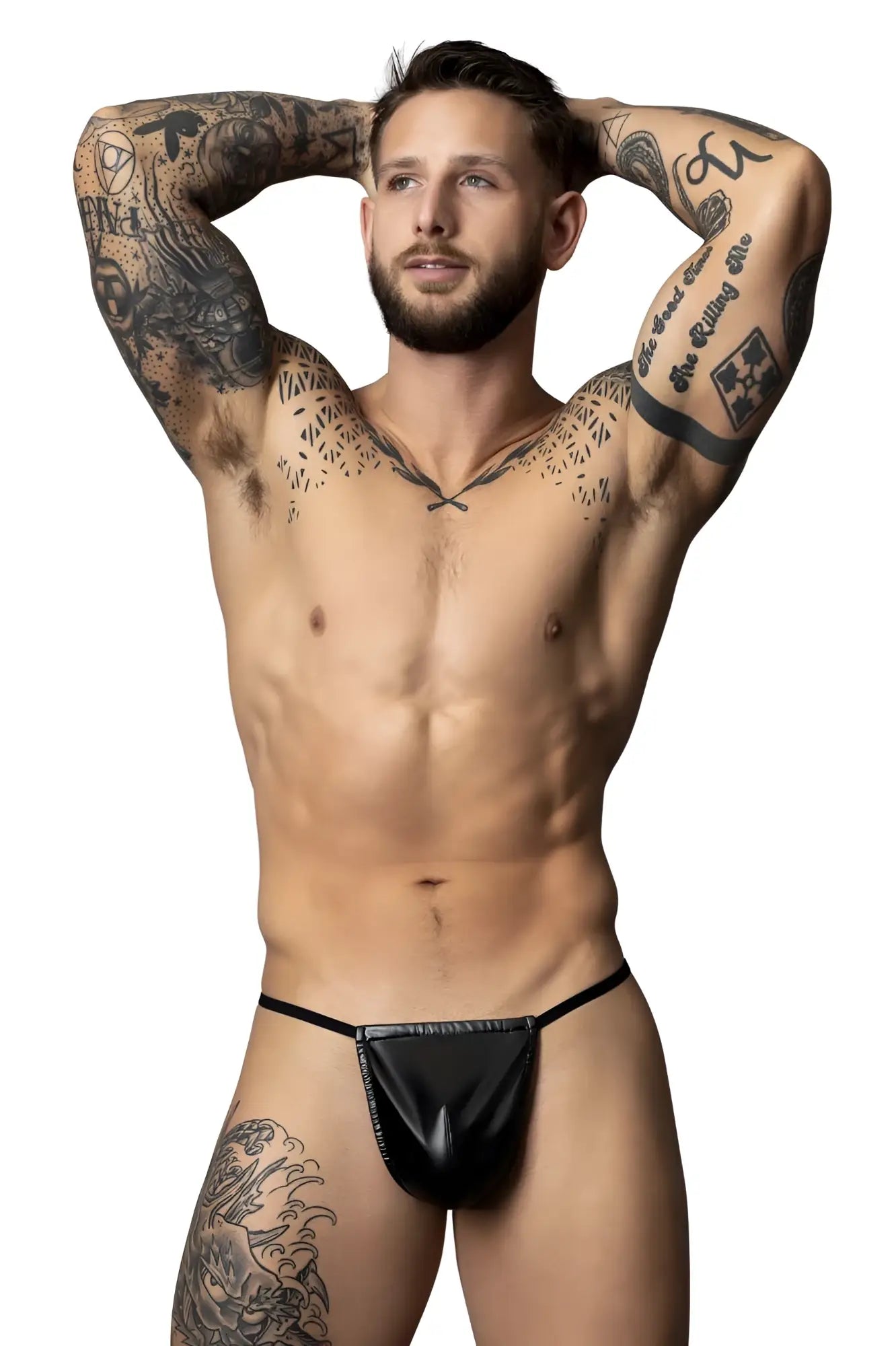Black leather thong g-string by male power featuring a central zipper closure in black color front view