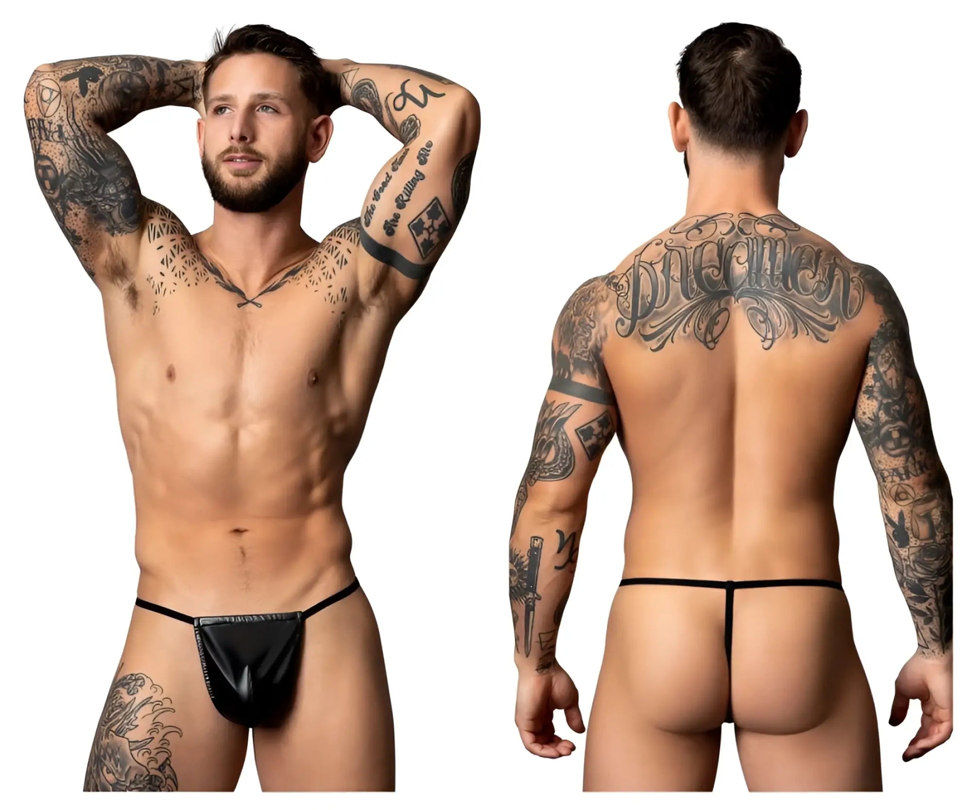 Black leather thong with small front pouch and thin straps from Male Power 450-301 Liquid Onyx 2.0 g-string in black