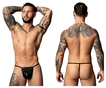 Black leather thong with small front pouch and thin straps from Male Power 450-301 Liquid Onyx 2.0 g-string in black