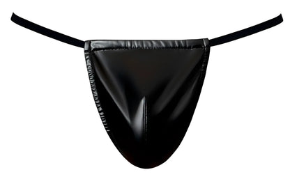 Male power 450-301 liquid onyx 2.0 black patent leather thong with thin elastic straps for men