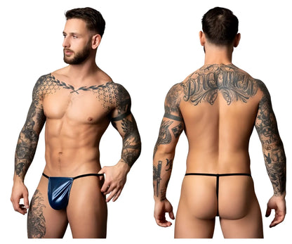 Blue metallic Male Power 450-301 Liquid Onyx 2.0 thong with black trim showcasing front view