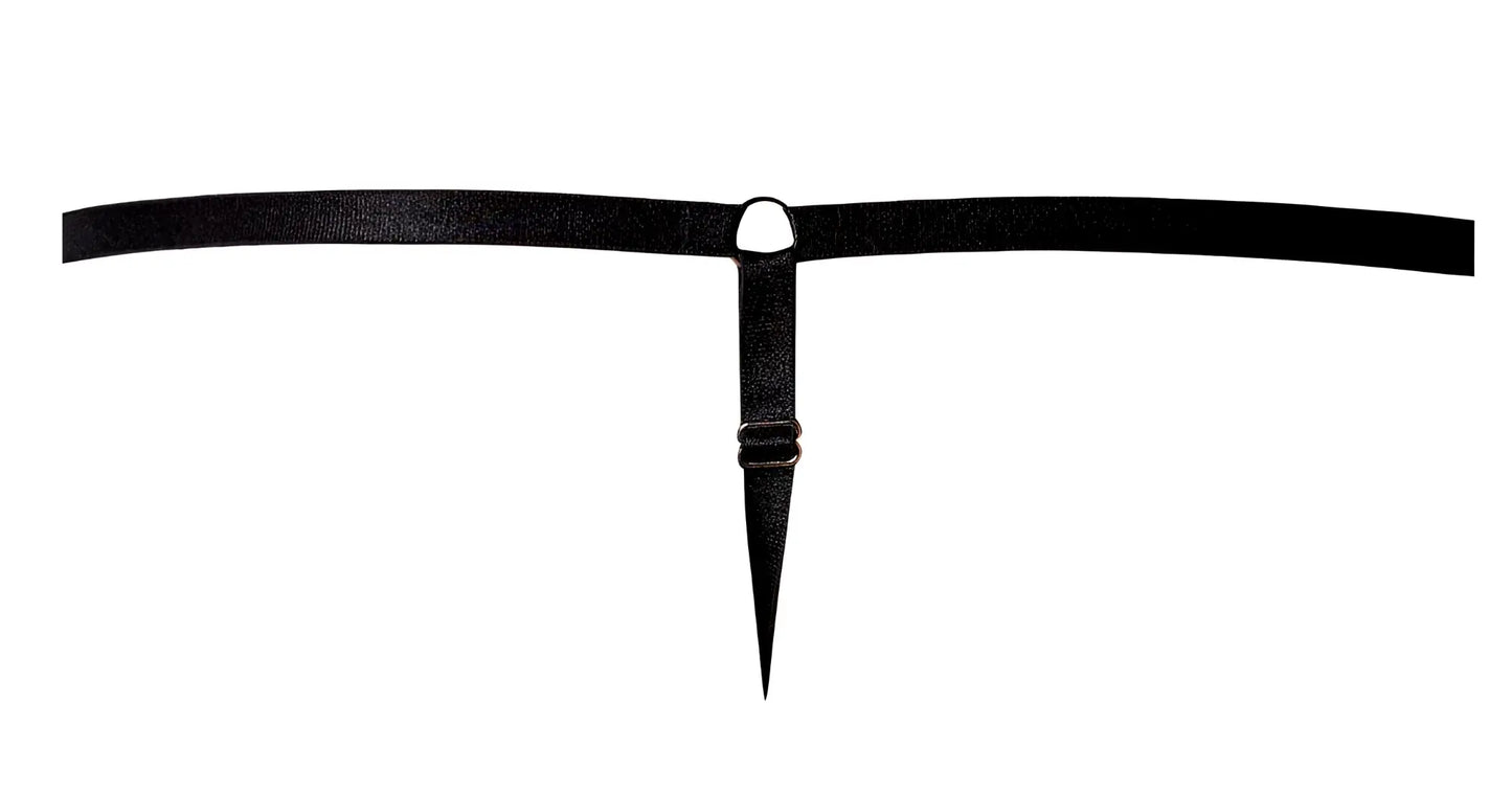 Black leather thong belt with sharp pointed tip and silver metal ring from male power 451-295 go wild g-string