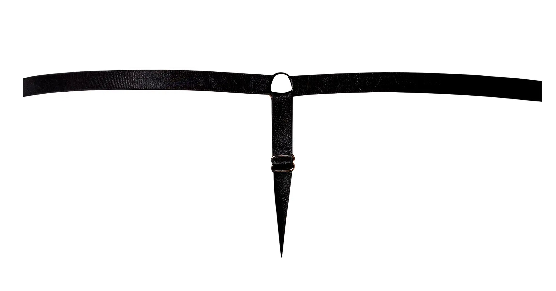 Black leather thong belt with sharp pointed tip and silver metal ring from male power 451-295 go wild g-string