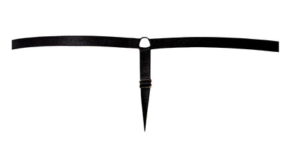 Black leather thong belt with sharp pointed tip and silver metal ring from male power 451-295 go wild g-string