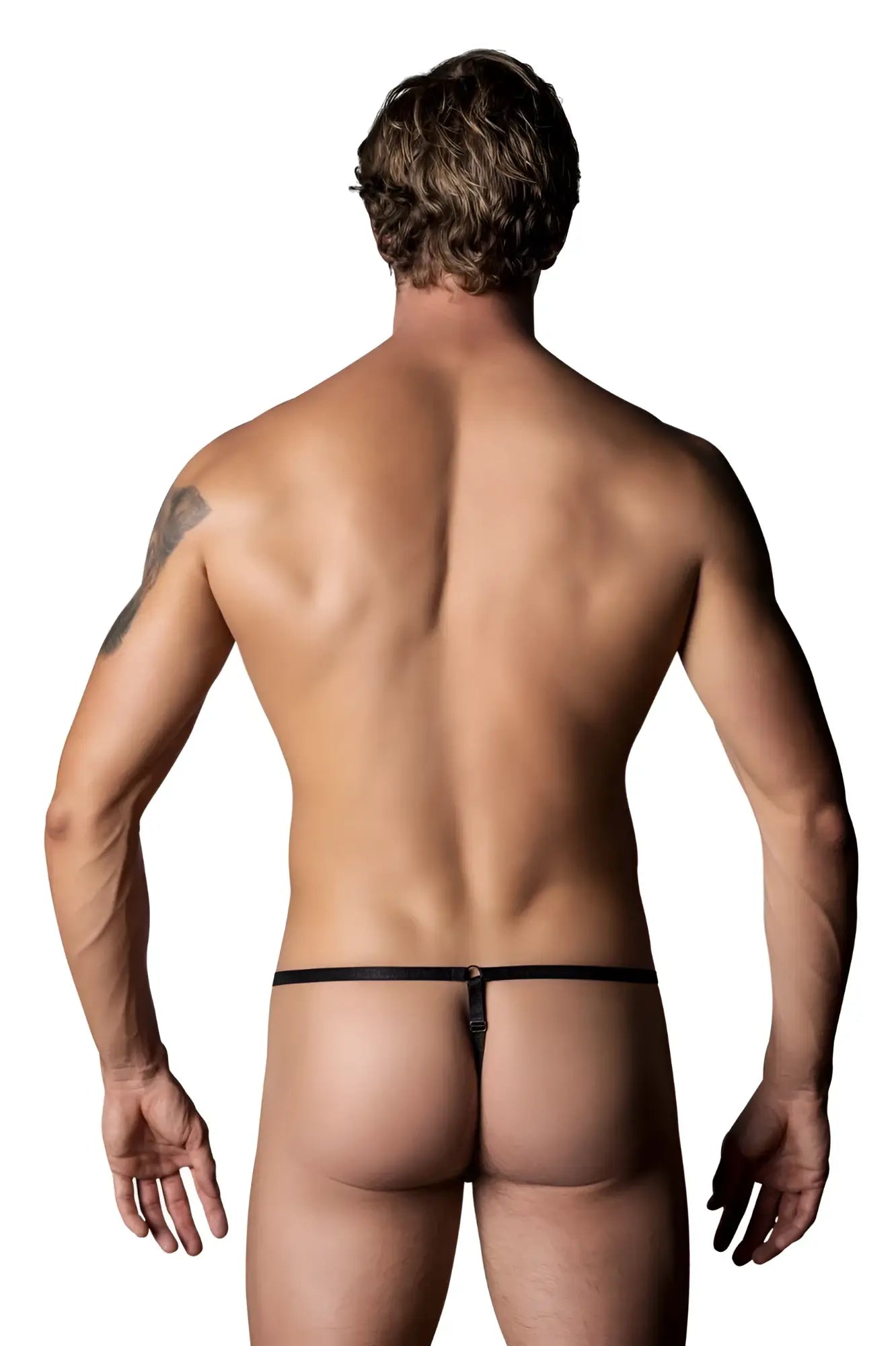 Black thong g-string with small metallic clasp at center back adjustable color printed male power 451-295 go wild