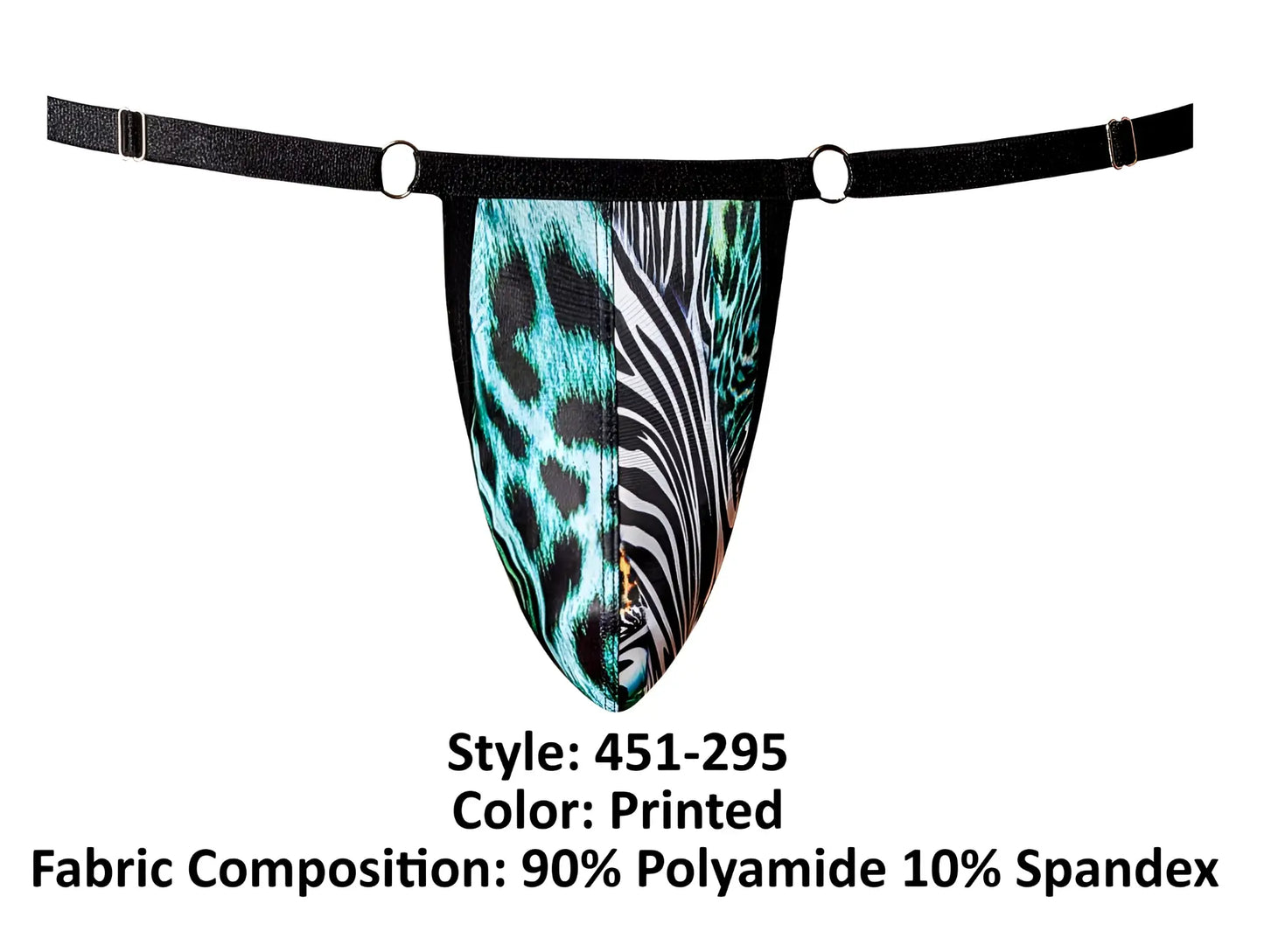 Male power 451-295 go wild adjustable g-string men’s thong with teal leopard and black white zebra print held by black straps