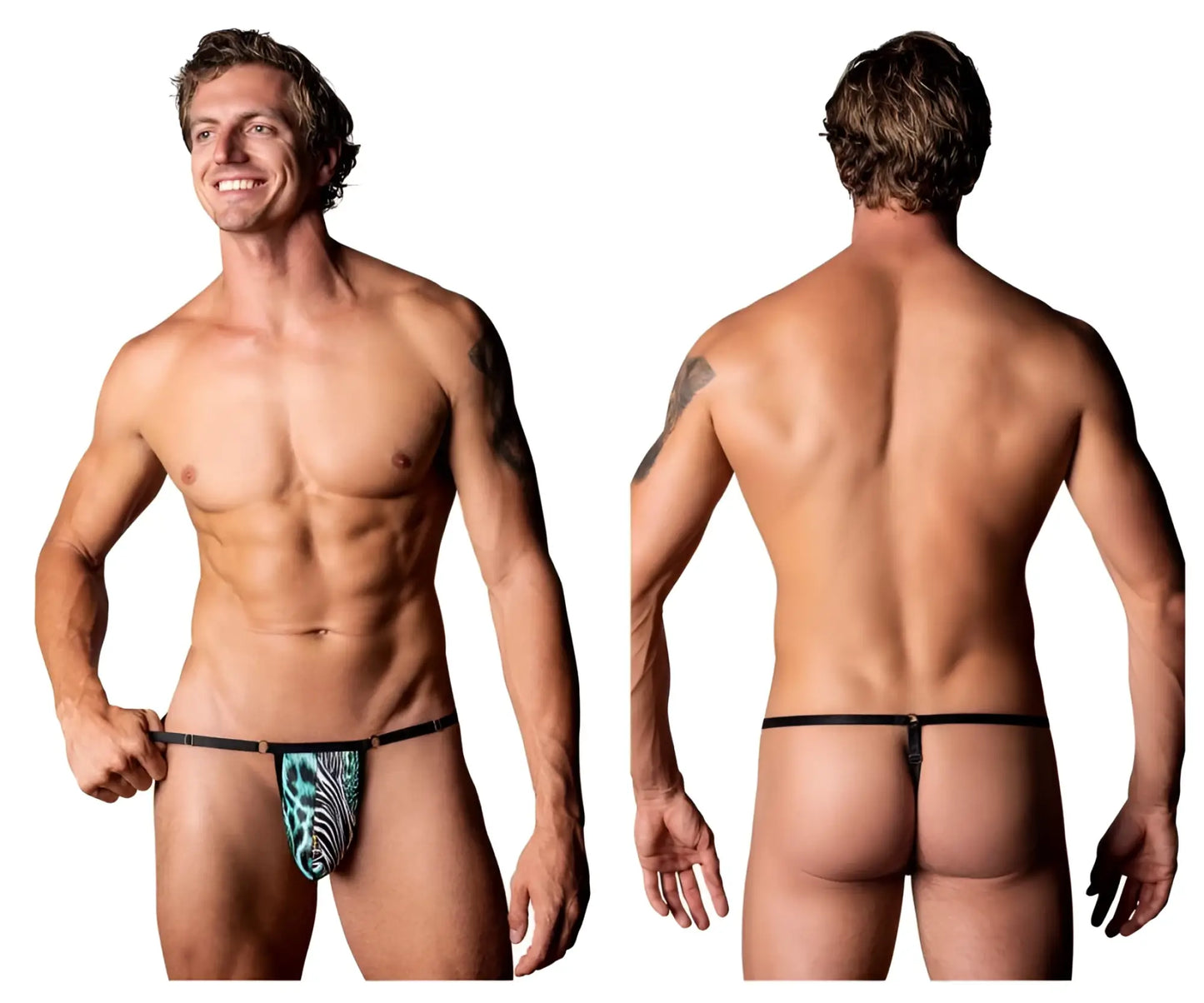 Male power 451-295 go wild adjustable g-string in teal and black patterned thong with thin elastic waistband