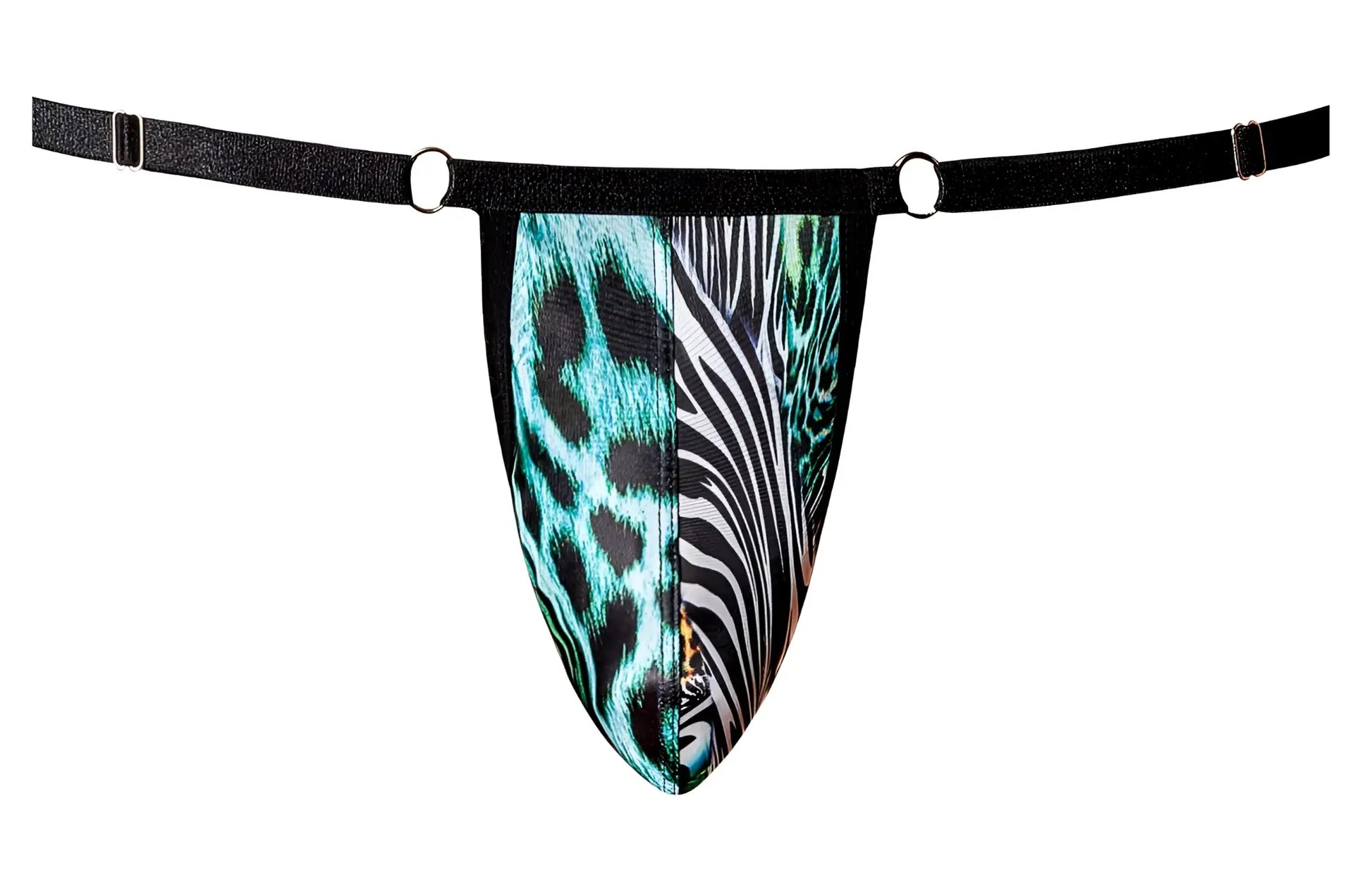 Male power 451-295 go wild adjustable g-string men’s teal and black leopard print zebra-striped thong with black waistband