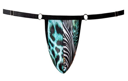 Male power 451-295 go wild adjustable g-string men’s teal and black leopard print zebra-striped thong with black waistband