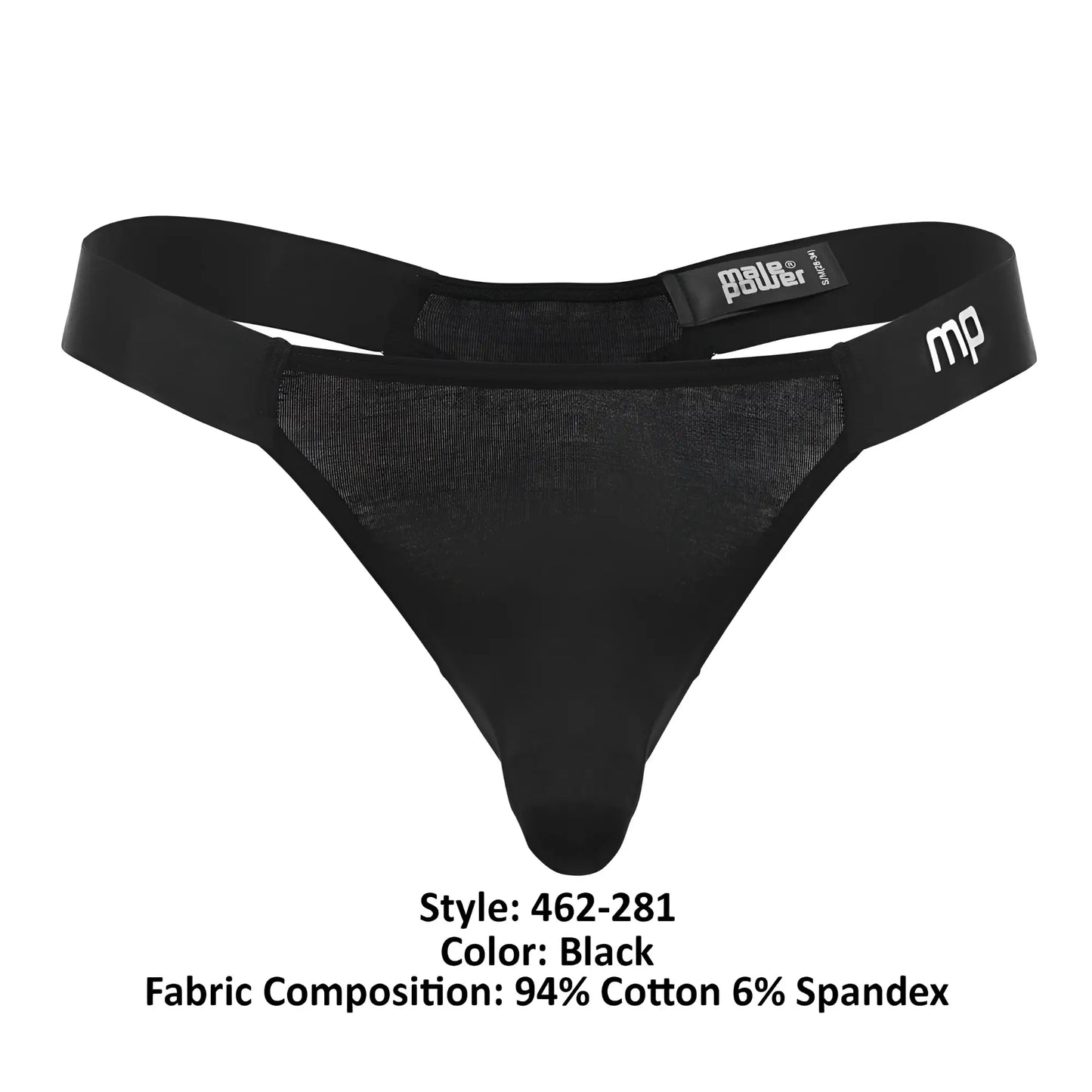 Black men’s thong by male power with mesh panel elastic waistband and mp logo in black color front side view
