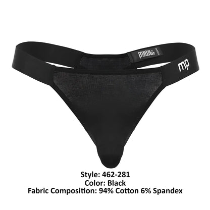 Black men’s thong by male power with mesh panel elastic waistband and mp logo in black color front side view