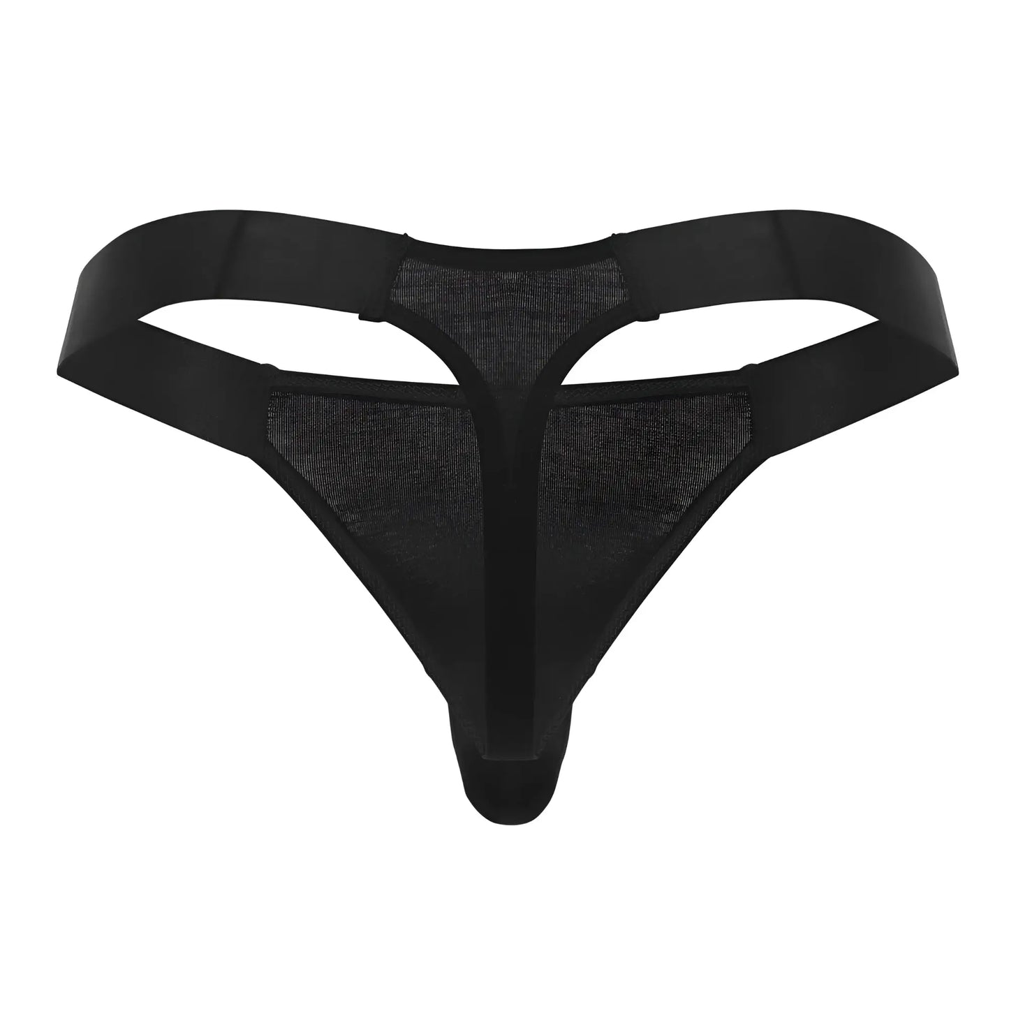 Black mesh thong with solid elastic straps by male power easy breezy thong sleeve in black showing front view