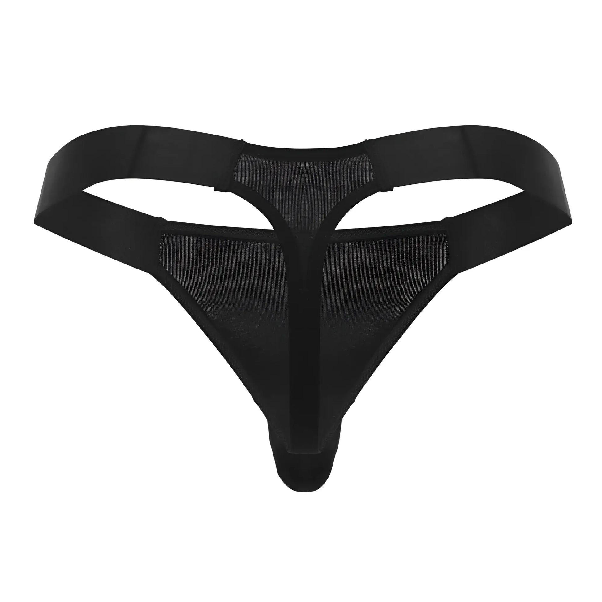 Black mesh thong with solid elastic straps by male power easy breezy thong sleeve in black showing front view
