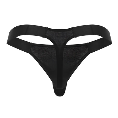 Black mesh thong with solid elastic straps by male power easy breezy thong sleeve in black showing front view