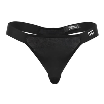 Black mesh male power 462-281 easy breezy thong with solid fabric back elastic waistband and mp logo on side