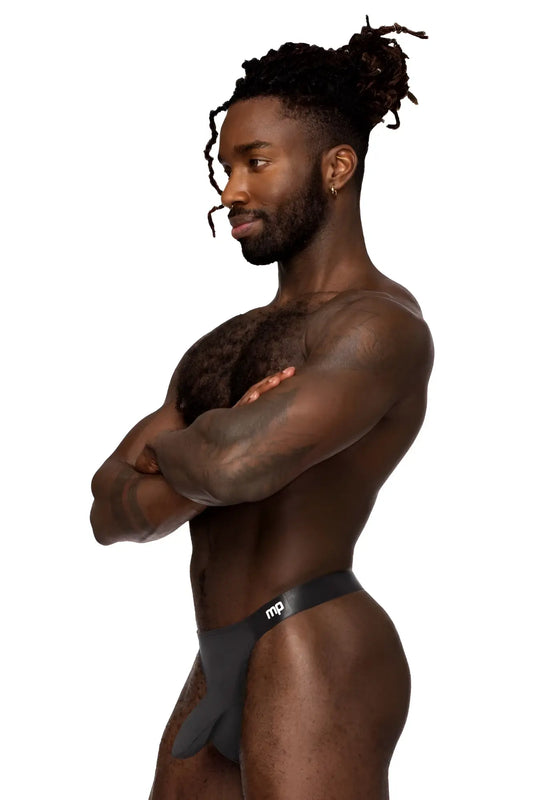 Black mp brand thong with a sleek minimalist design male power 462-281 easy breezy thong sleeve in black