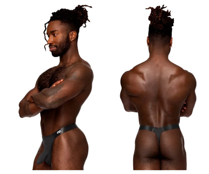 Black male power 462-281 easy breezy thong featuring a small white logo on the waistband shown from the back side