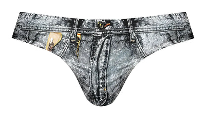 Male power 486-286 dirty denim bikini in black and white denim print with faux leather patch and metallic hardware