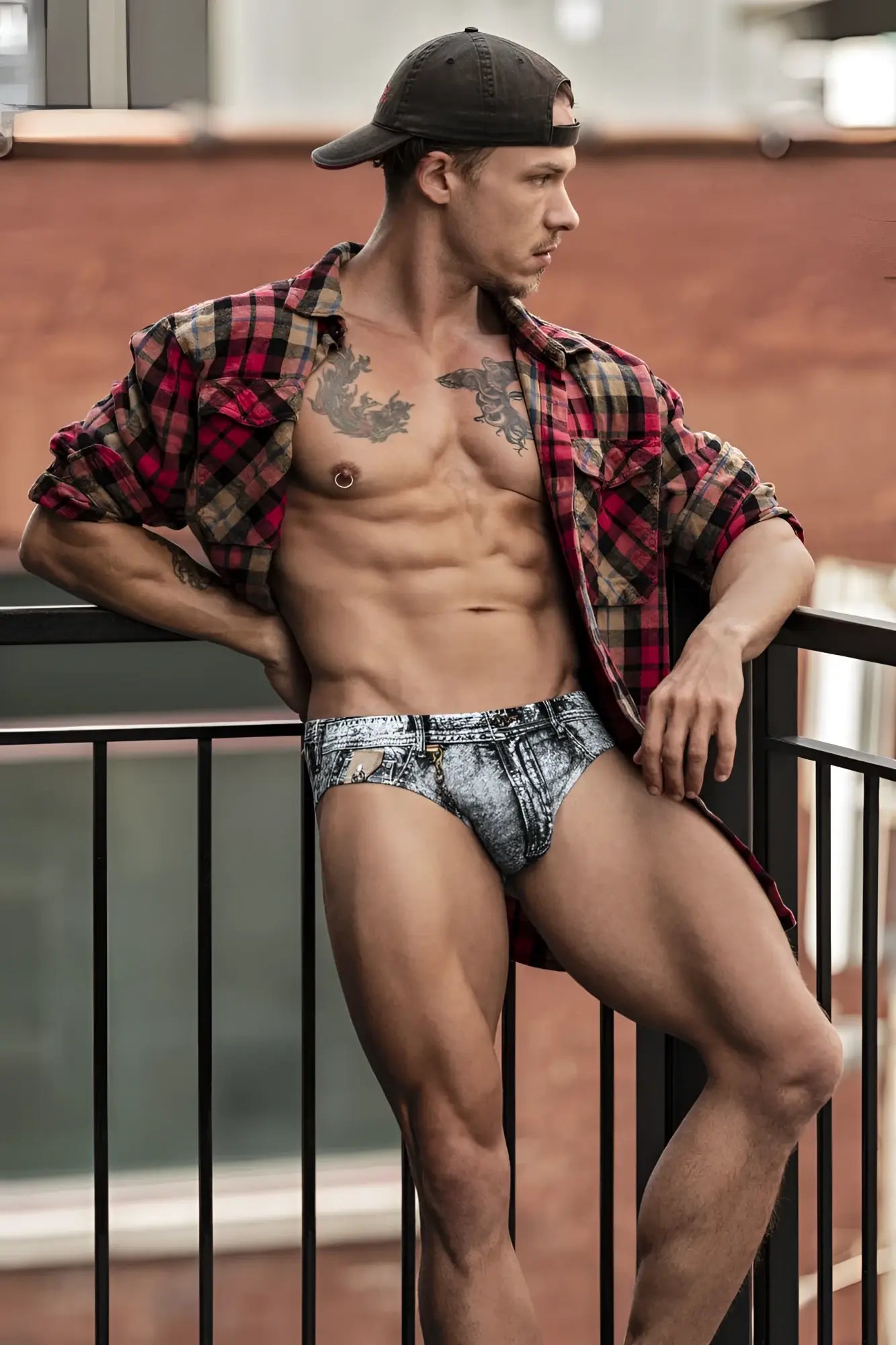 Male power 486-286 dirty denim bikini briefs in blue and white distressed denim print showing front side