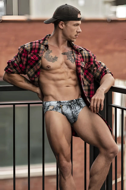 Male power 486-286 dirty denim bikini briefs in blue and white distressed denim print showing front side