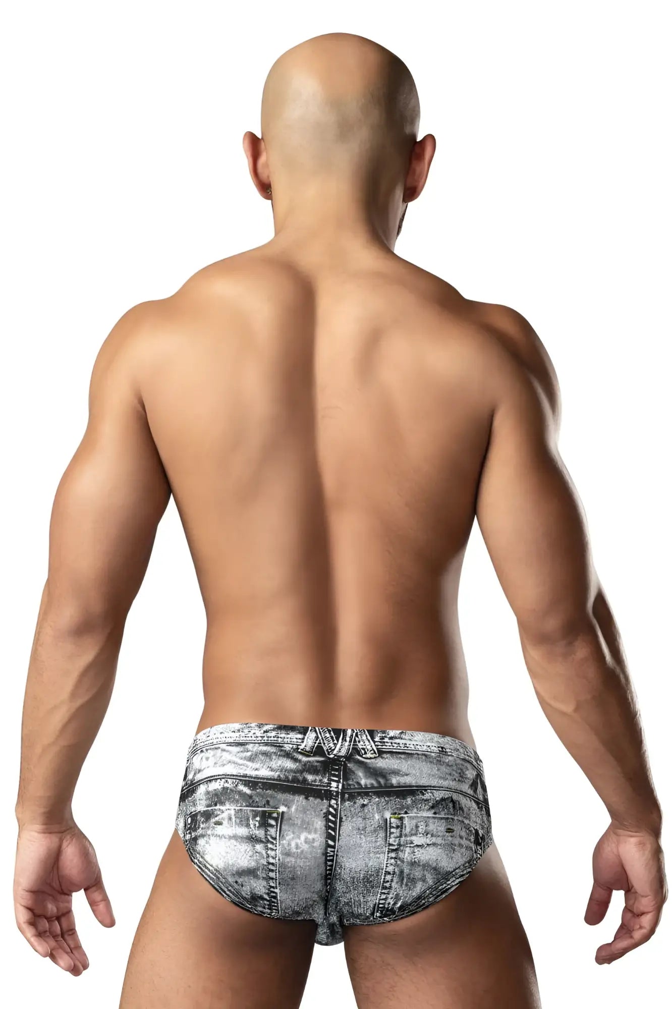 Male power distressed gray denim briefs with denim print in a dirty denim bikini style front view