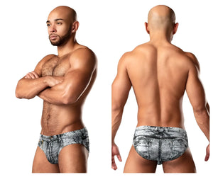Back side of male power 486-286 dirty denim bikini briefs in gray and white distressed denim with classic pockets