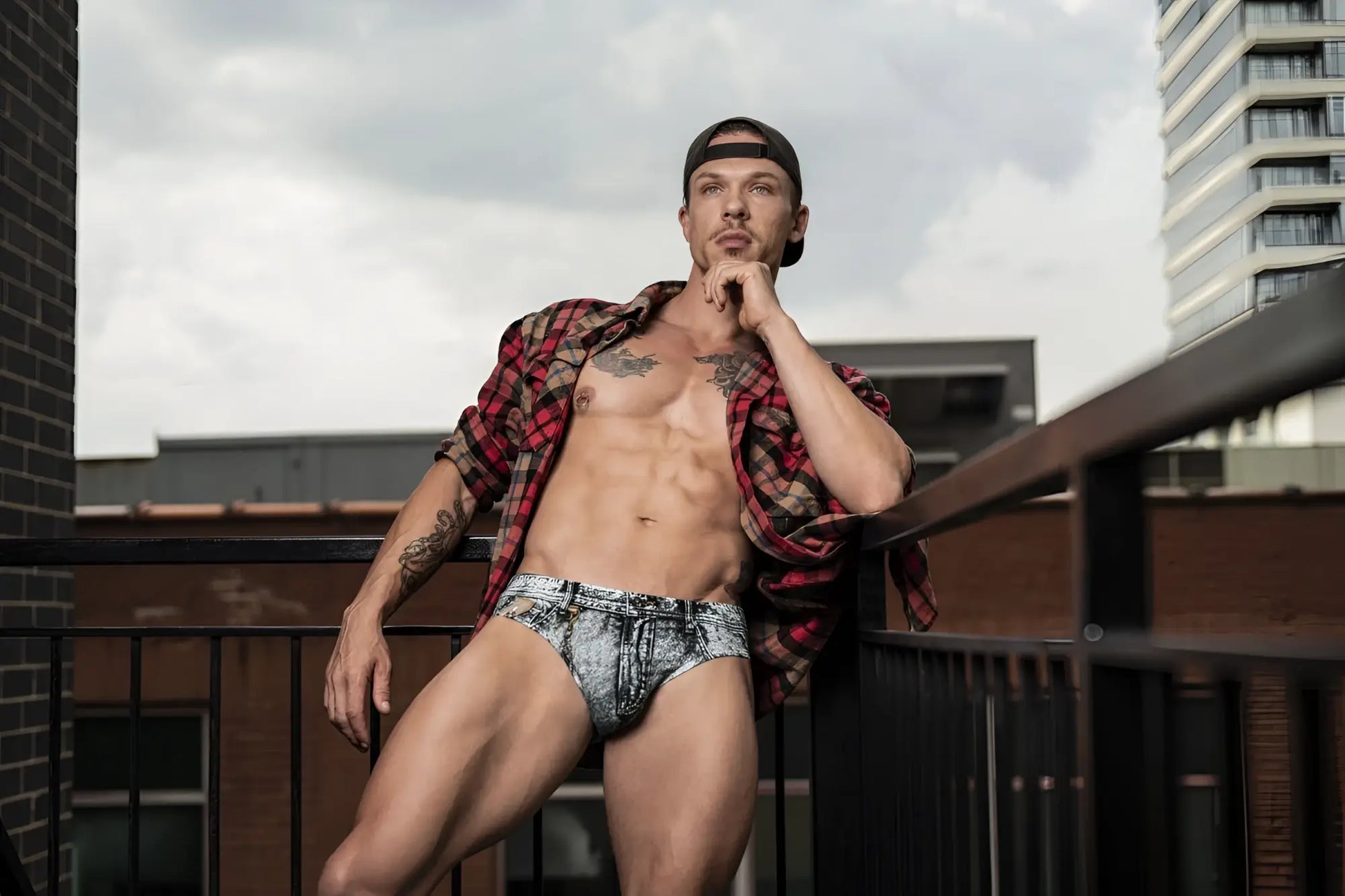 Male power 486-286 dirty denim bikini briefs with faded blue and white denim print and subtle stitching details