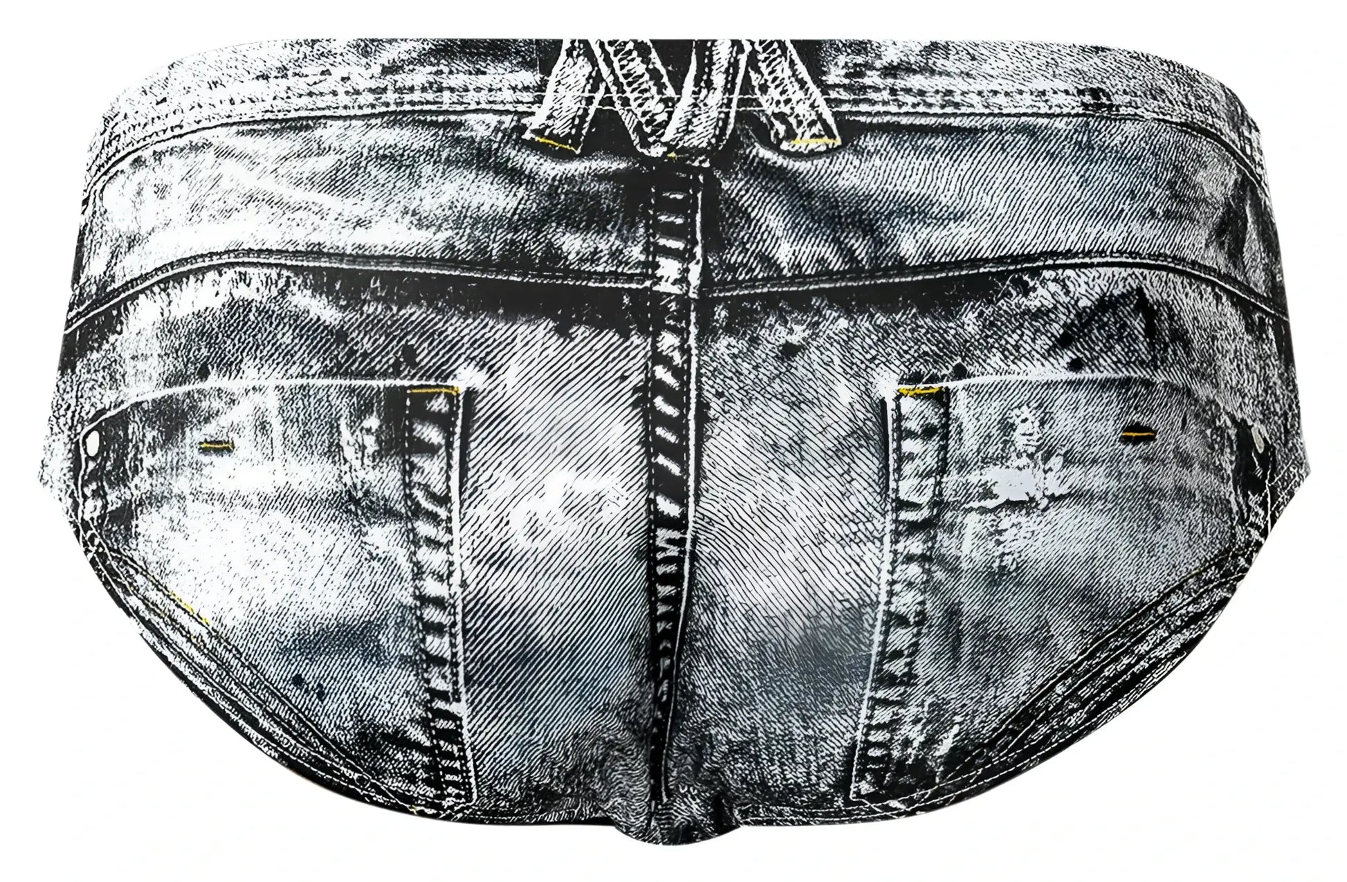 Male power 486-286 dirty denim bikini briefs in denim print with faded distressed look and visible stitching details