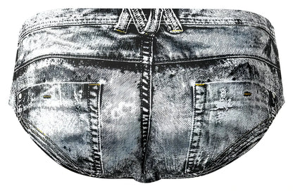 Male power 486-286 dirty denim bikini briefs in denim print with faded distressed look and visible stitching details