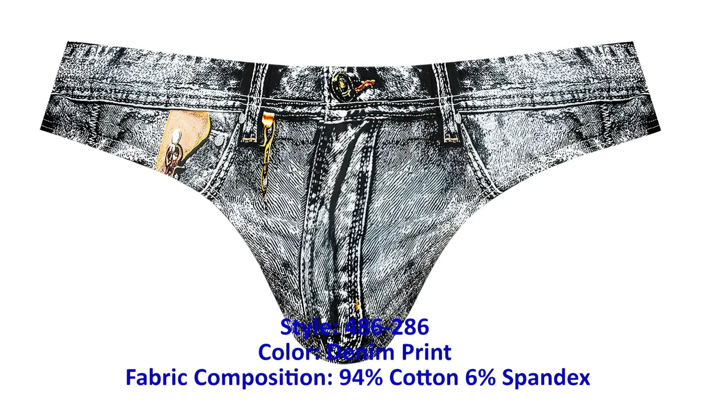 Denim-print thong with faded blue wash detailed stitching faux leather patches and metallic hardware accents male power 486-286