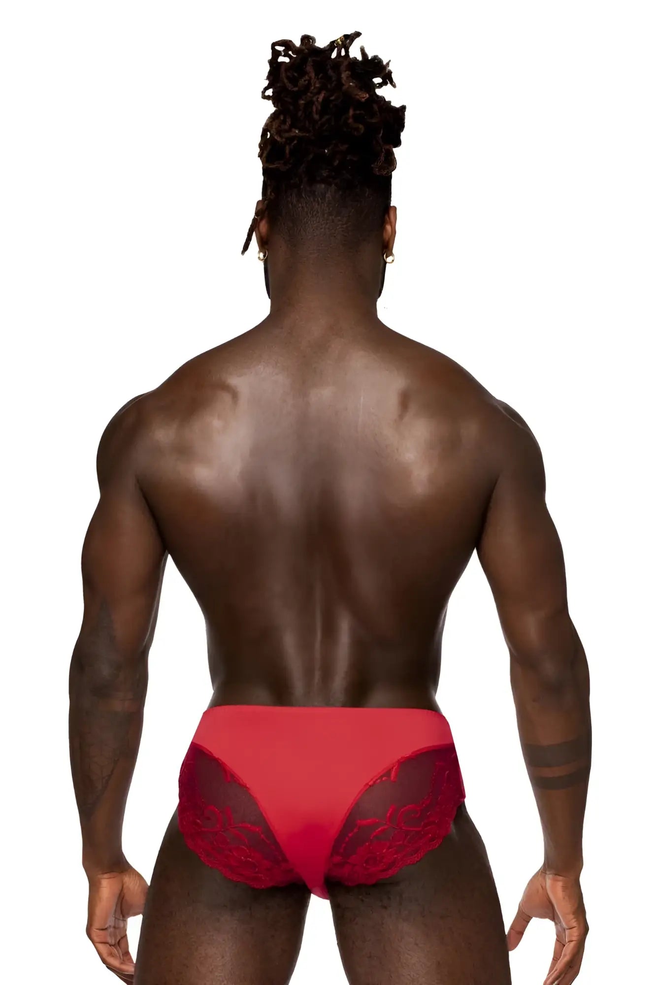 Male power 492-280 sassy lace bikini briefs in red with lace trim and solid pouch for a bold look